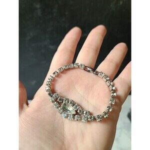 Prong Set Clear Rhinestone Silver Tone Metal Bracelet Vintage Costume Jewelry